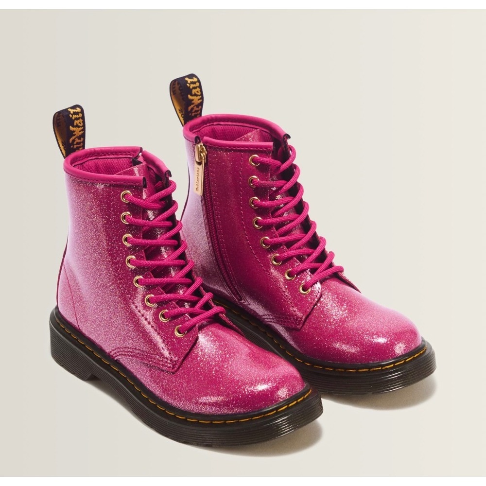 Dr. Martens 1460 J Pink Glitter Lace Up Combat Boots Side Zip Kids US 1